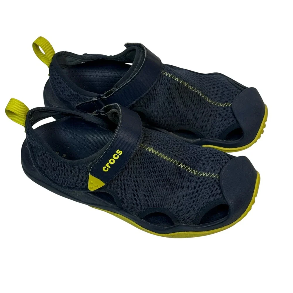Crocs Swiftwater Mesh Deck Sandals Men 8 Navy Blue Lime Green 205289 Water Shoes